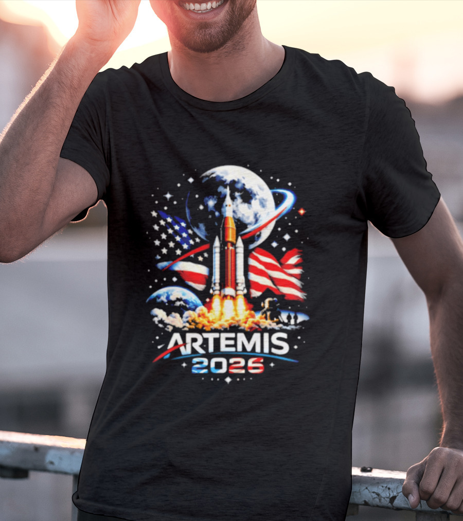 Artemis 2025 Rocket Launch USA Flag Moon Exploration T-Shirt