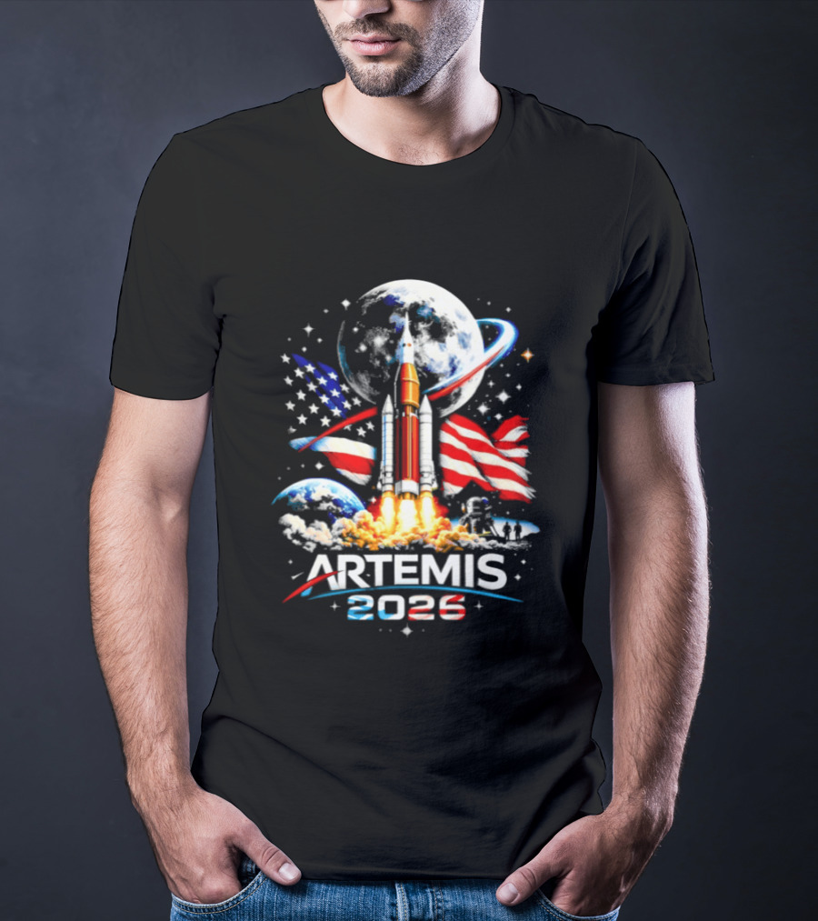 Artemis 2026 Moon Mission American Rocket Launch With Flag And Stars T-Shirt