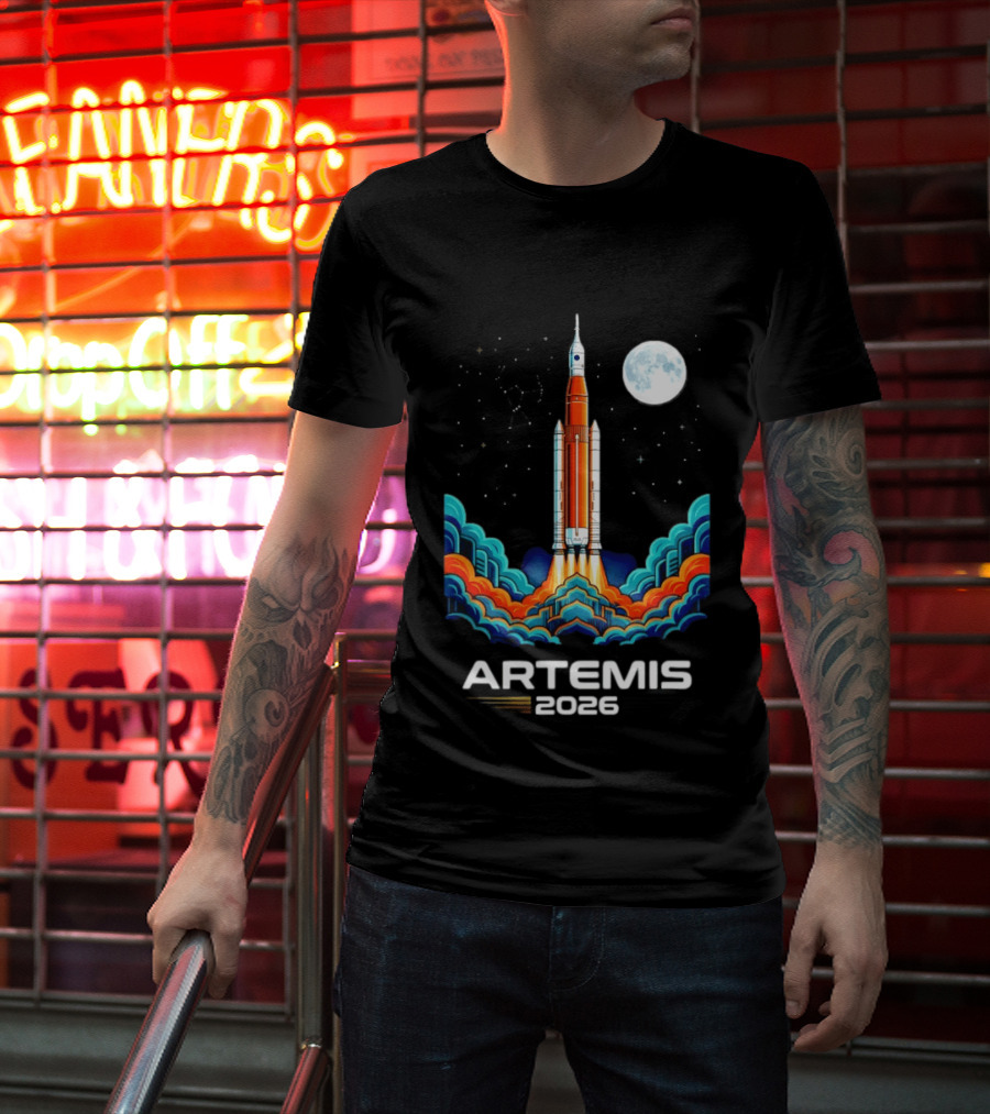 Artemis 2026 Moon Mission Rocket Launch With Vibrant Waves And Full Moon T-Shirt