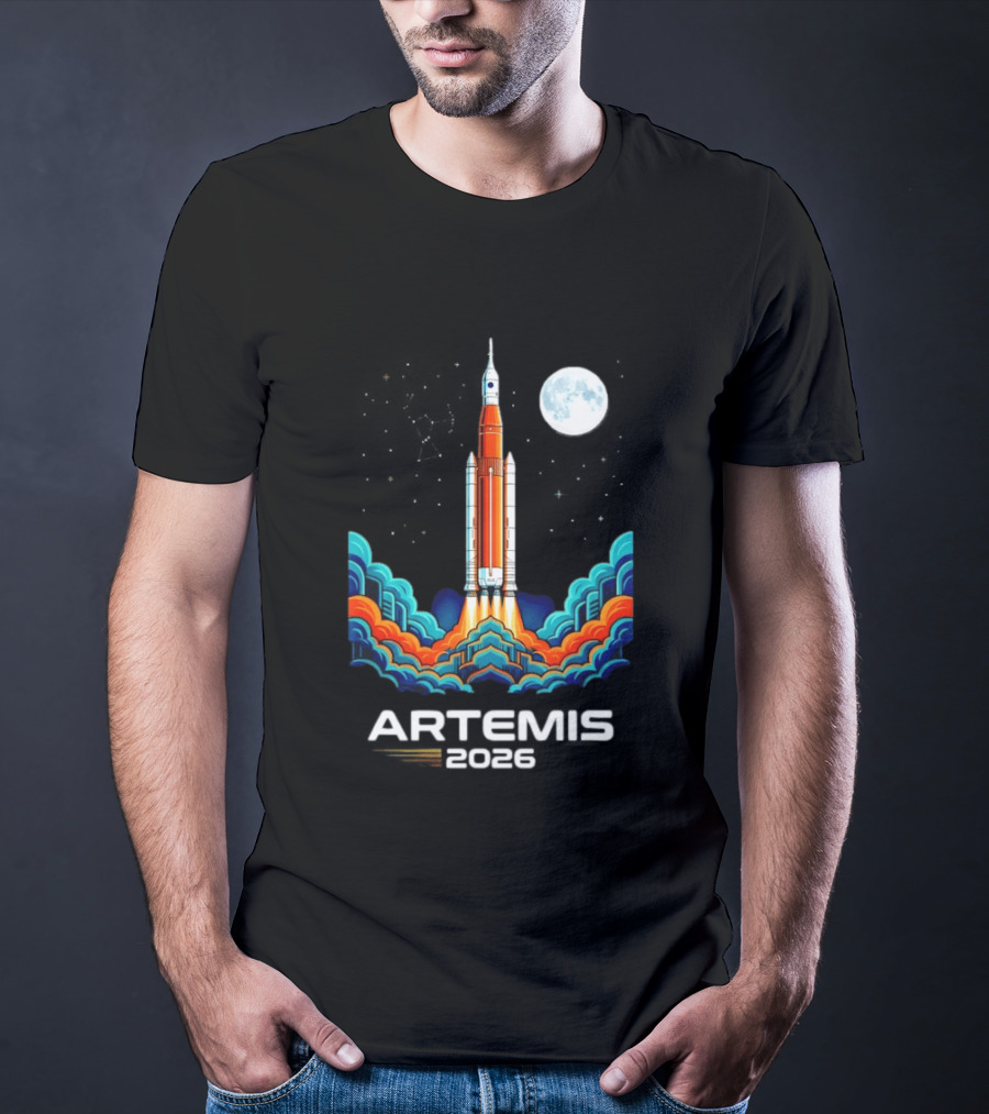 Artemis 2026 Moon Mission Rocket Launch With Vibrant Waves And Full Moon T-Shirt