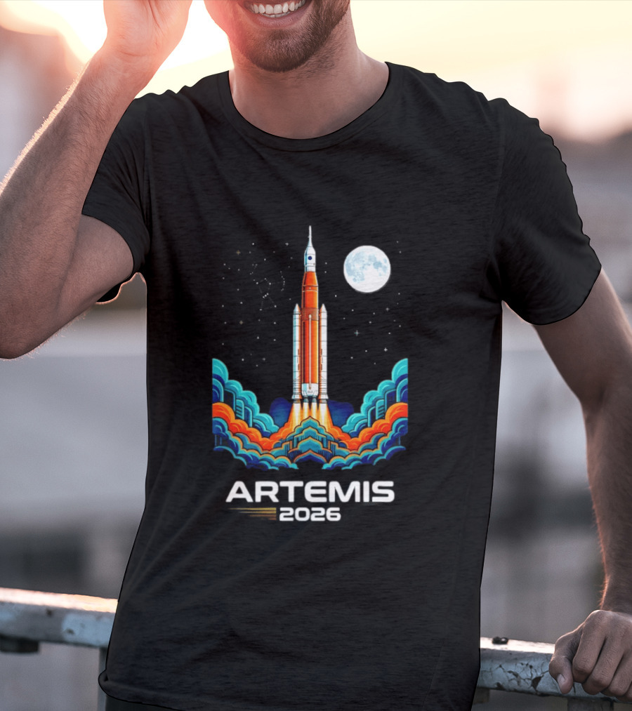 Artemis 2026 Moon Mission Rocket Launch With Vibrant Waves And Full Moon T-Shirt