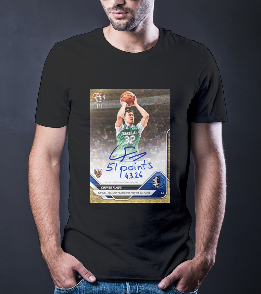 Topps Now Cooper Flagg 51 Points Youngest NBA History Dallas Mavericks Rookie Card T-Shirt