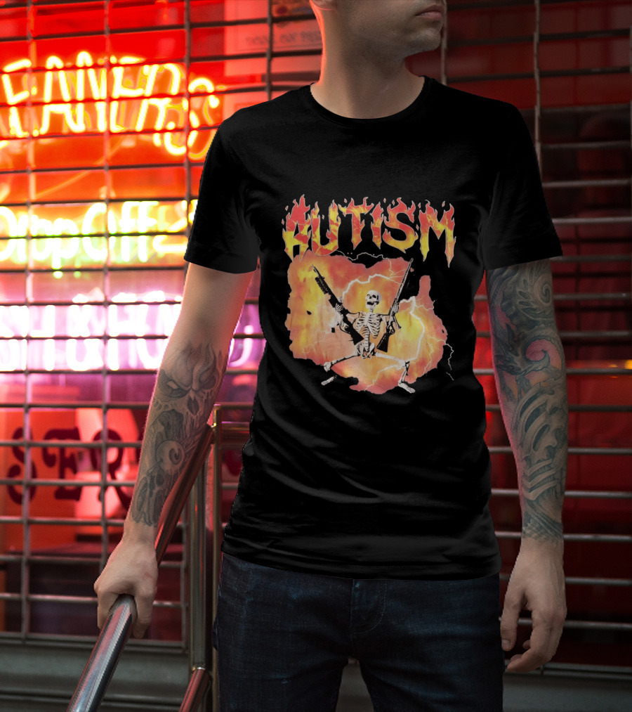 Autism Flaming Skeleton Meme Guns Edgy Fire T-Shirt