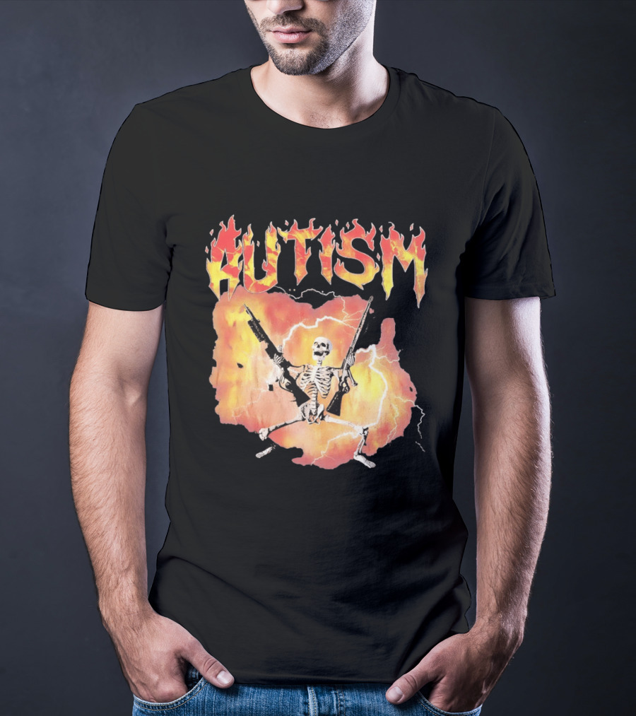 Autism Flaming Skeleton Meme Guns Edgy Fire T-Shirt