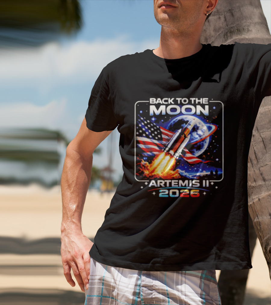 Back To The Moon Artemis II 2026 Rocket Launch Space Mission USA Flag T-Shirt
