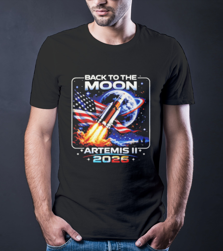 Back To The Moon Artemis II 2026 Rocket Launch Space Mission USA Flag T-Shirt