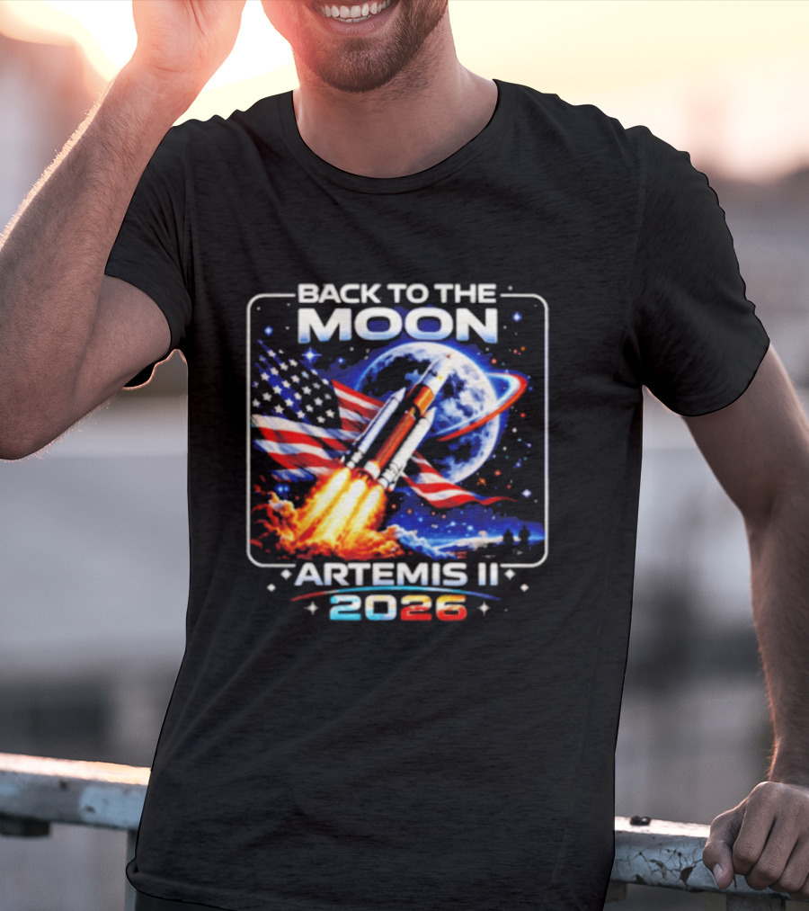 Back To The Moon Artemis II 2026 Rocket Launch Space Mission USA Flag T-Shirt