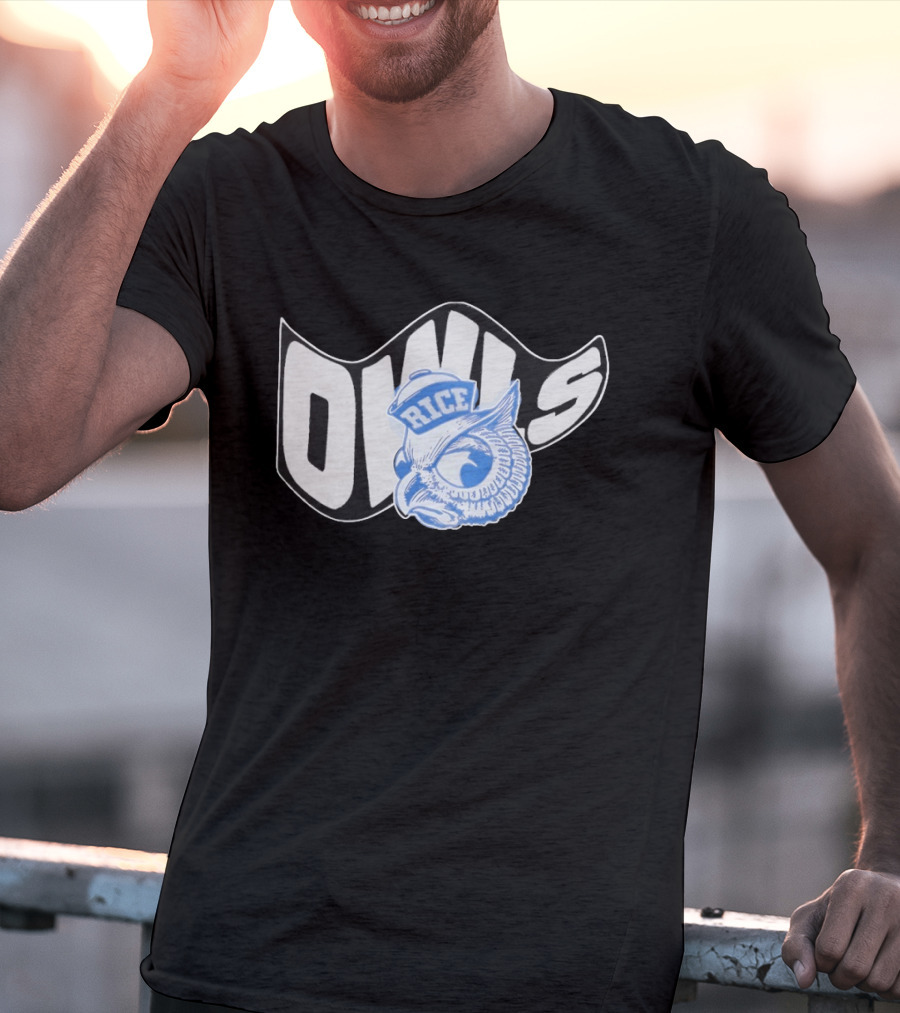 Rice Owls Waving Flag Bold Script With Blue Owl T-Shirt