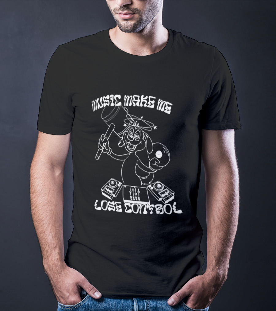 Music Make Me Lose Control Cartoon DJ Rabbit With Vinyl And Keyboard T-Shirt