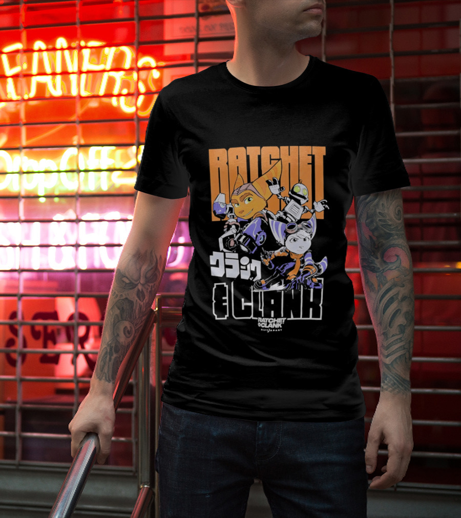 Ratchet And Clank Characters Orange And White Illustration With Japanese T-Shirt