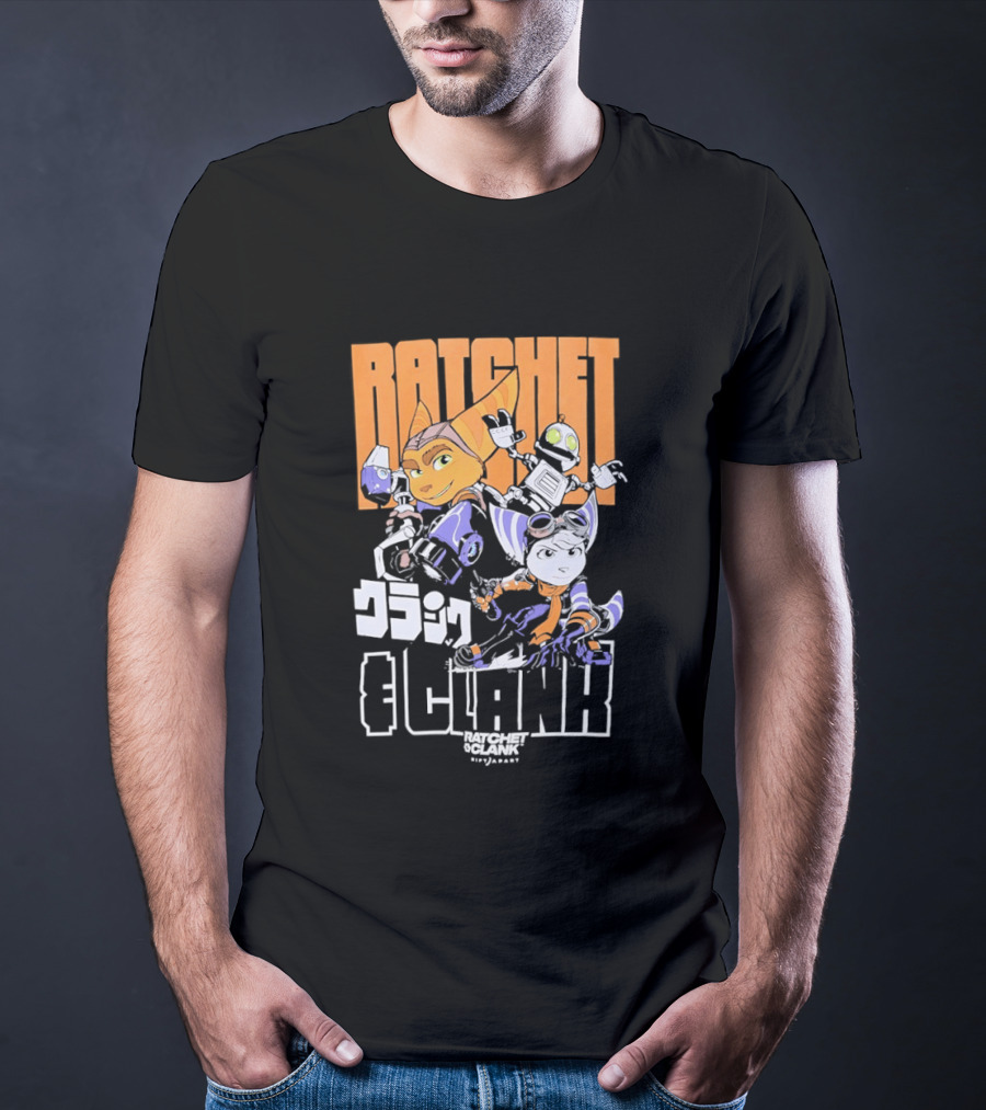 Ratchet And Clank Characters Orange And White Illustration With Japanese T-Shirt