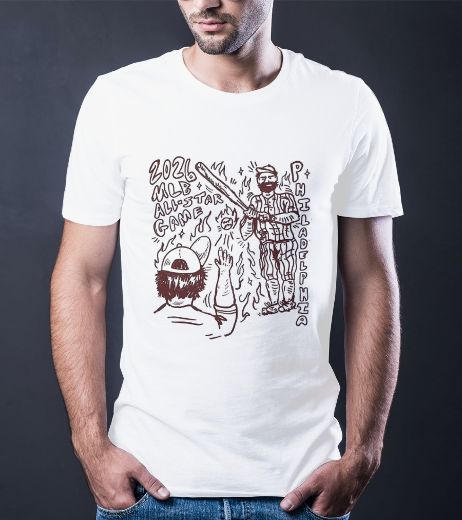 2026 MLB All Star Game Philadelphia Baseball Player And Bat With Flames And Cap T-Shirt