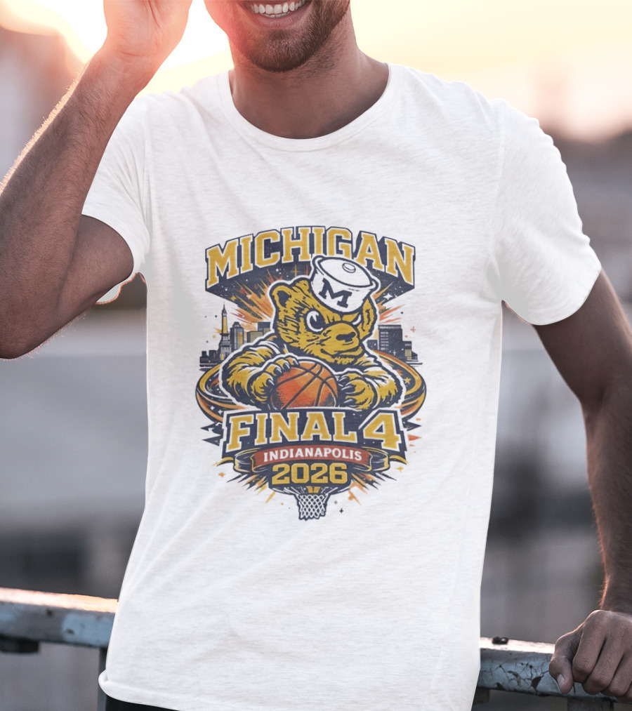 Michigan Wolverines Final Four 2026 Indianapolis Skyline Basketball Bear T-Shirt