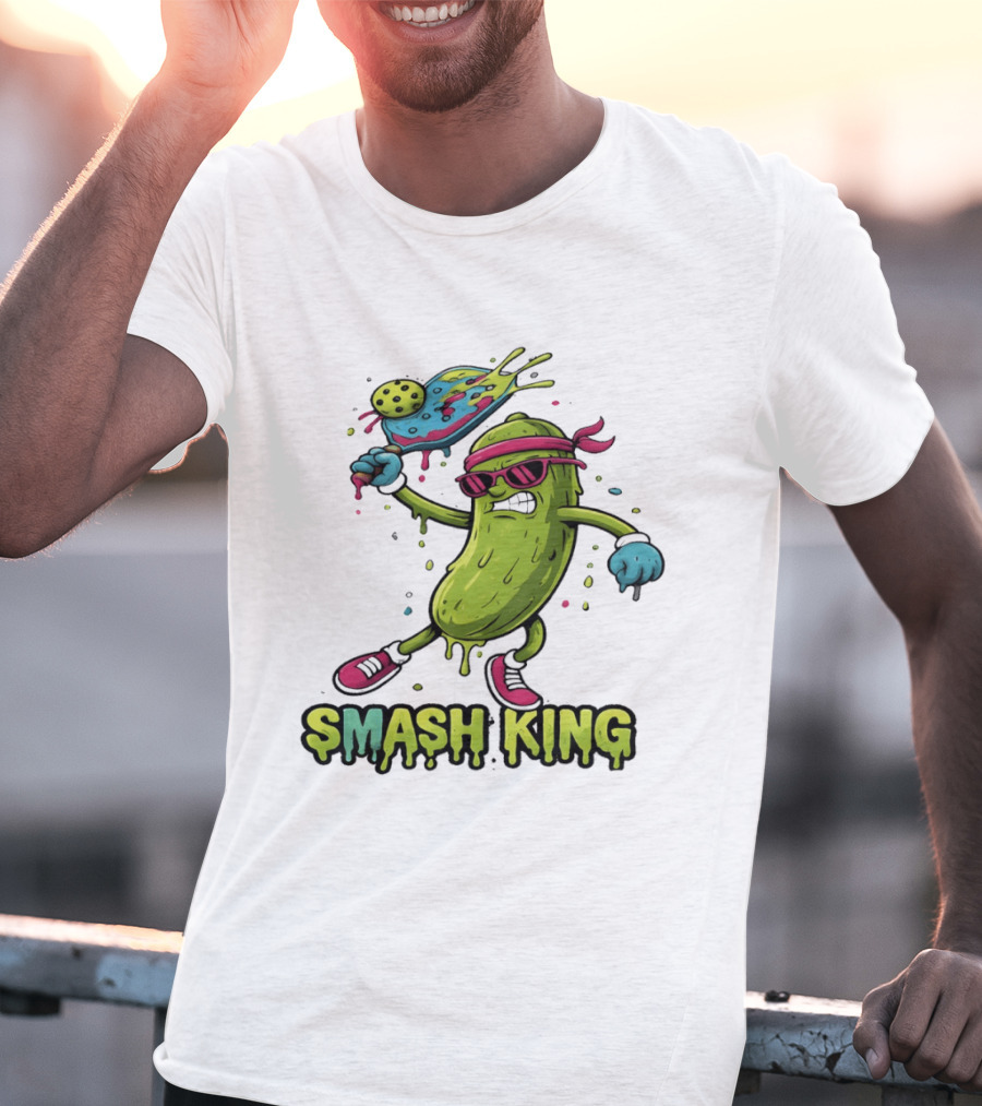 Smash King Pickleball Pickle Character With Paddle And Ball T-Shirt