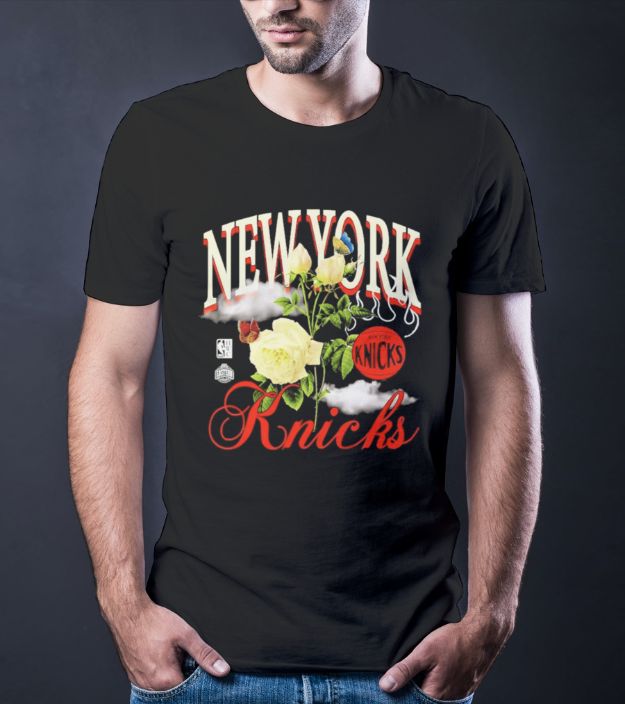 New York Knicks Floral Art With Butterflies And Roses T-Shirt