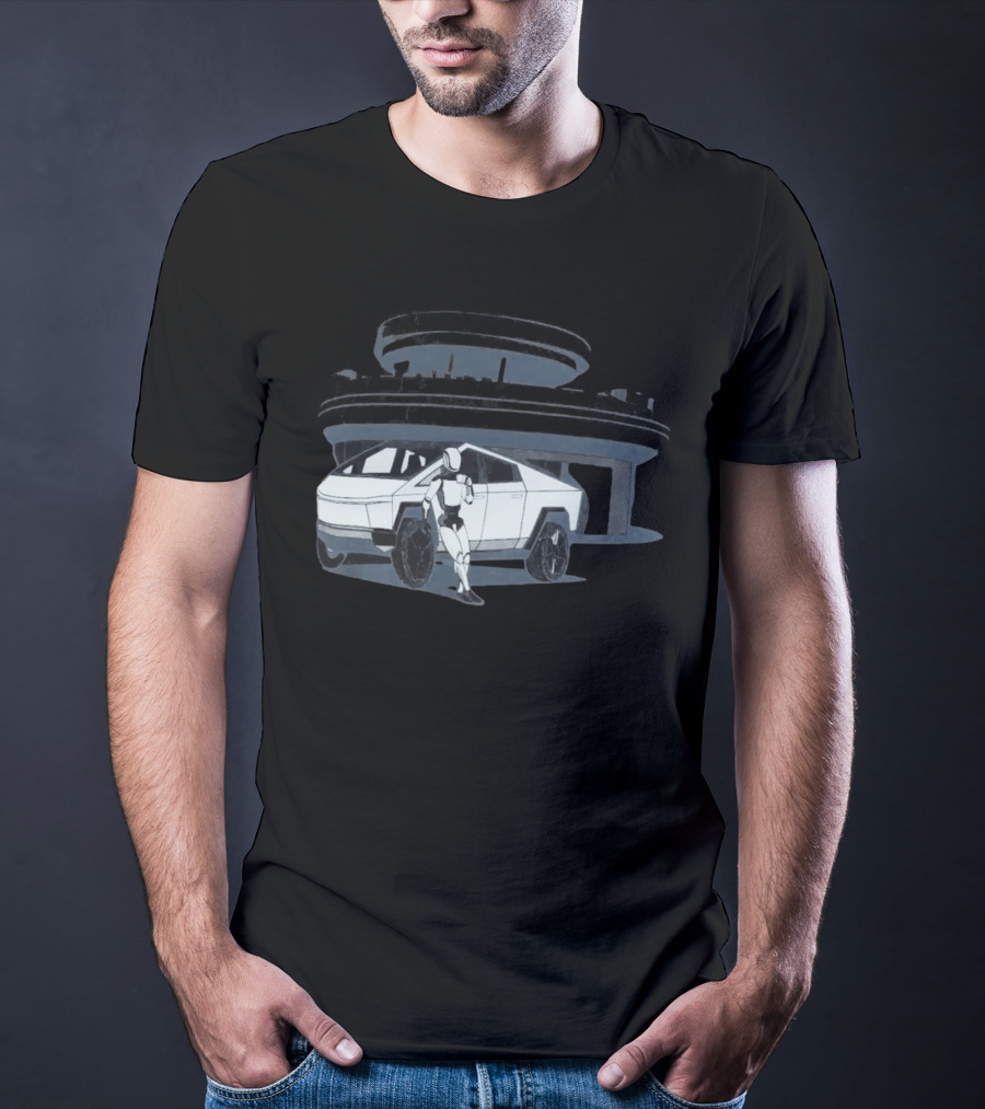 Tesla Cybertruck And Robot At Space Age Coffee Counter T-Shirt