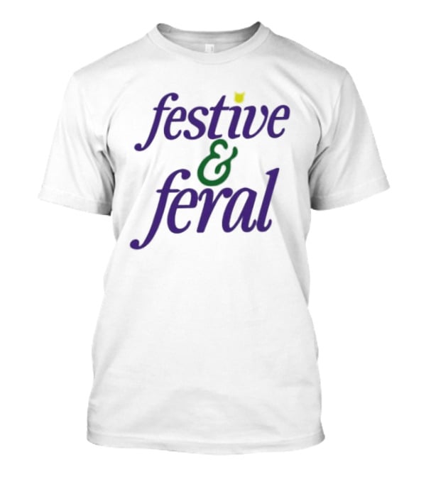Festive And Feral Cat Head Antlers Text Holiday T-Shirt