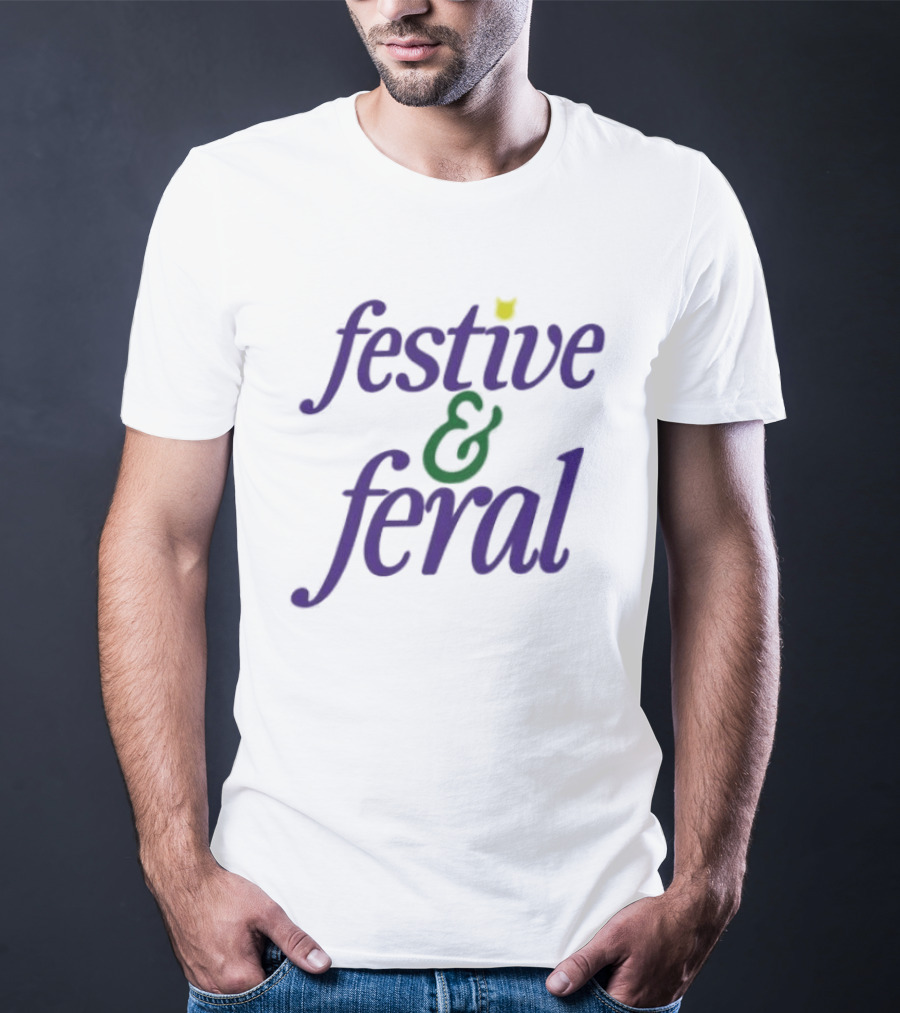 Festive And Feral Cat Head Antlers Text Holiday T-Shirt