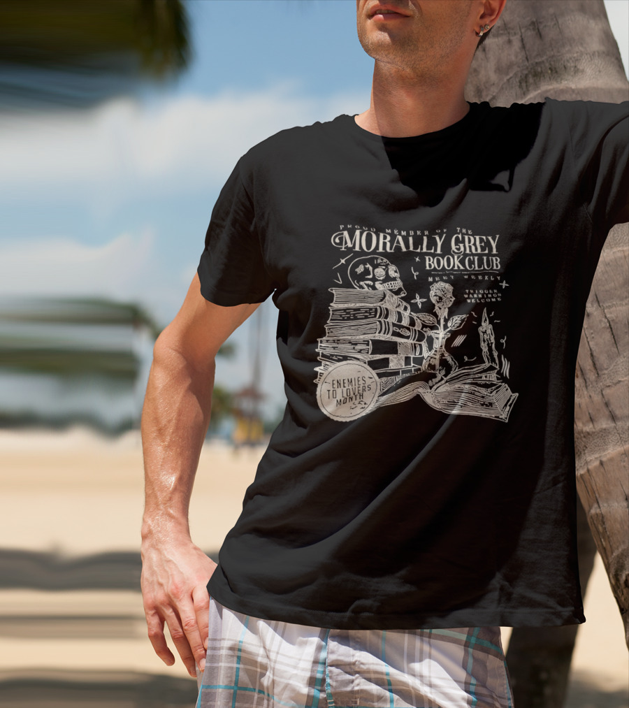 Morally Grey Book Club Skull Candle Rose Stacked Books Open Pages Stars T-Shirt