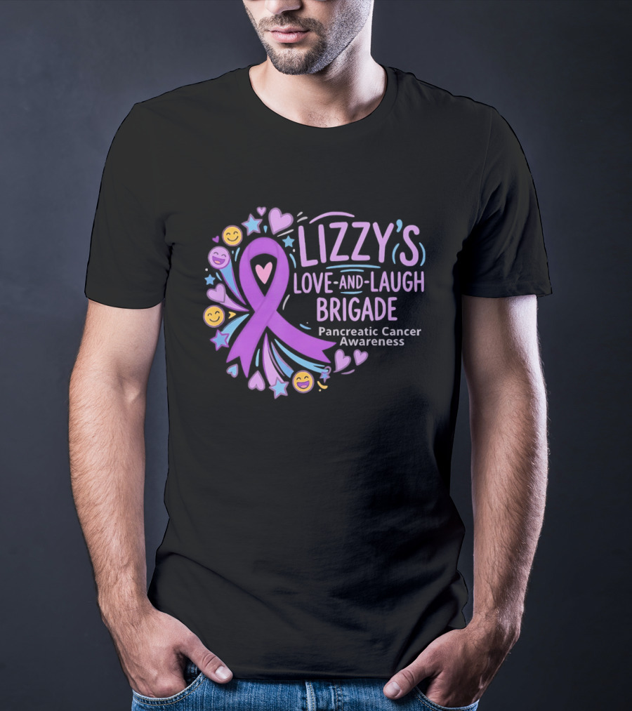 Lizzy's Love And Laugh Brigade Pancreatic Cancer Awareness Purple Ribbon Hearts And Smiles T-Shirt