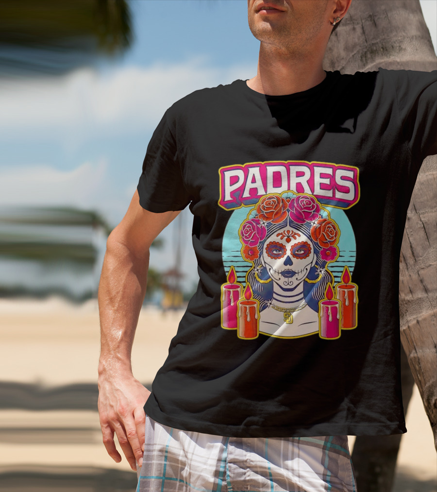 San Diego Padres La Catrina Dia De Los Muertos Candles And Flowers T-Shirt