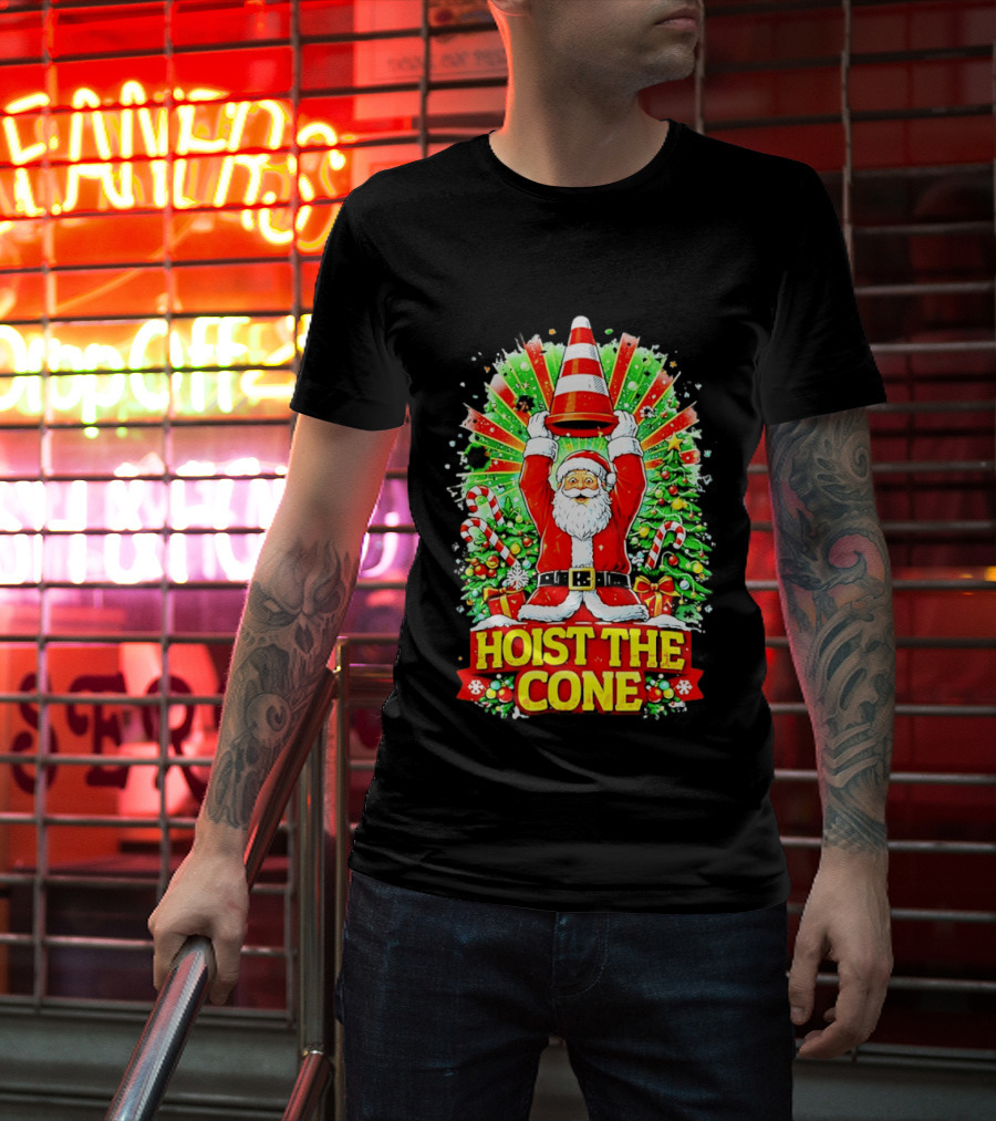 Santa Hoist The Cone Christmas Lights Tree Candy Canes T-Shirt