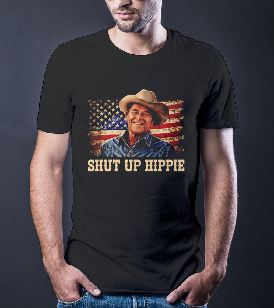 Shut Up Hippie Ronald Reagan Cowboy Hat American Flag T-Shirt