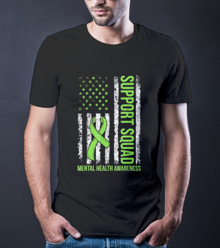 Support Squad US Flag Green Ribbon Mental Health Awareness T-Shirt