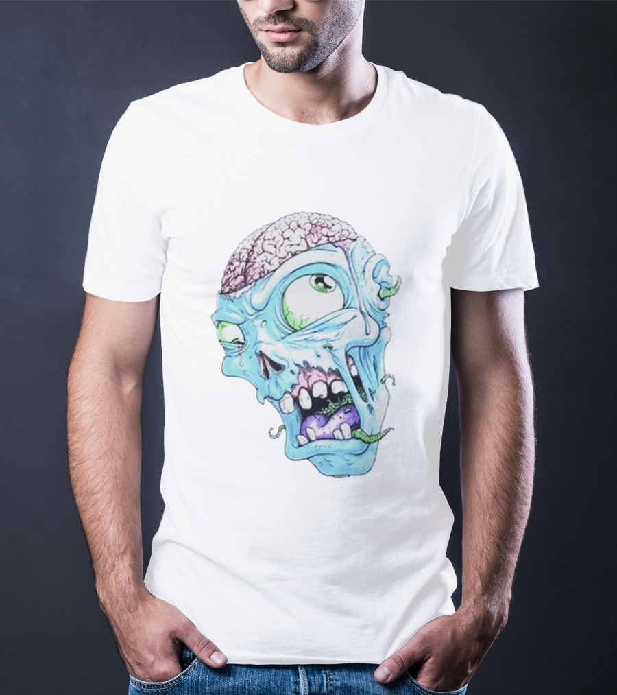 Annoyed Monster Head Zombie Skull Illustration With Exposed Brain And Worms T-Shirt