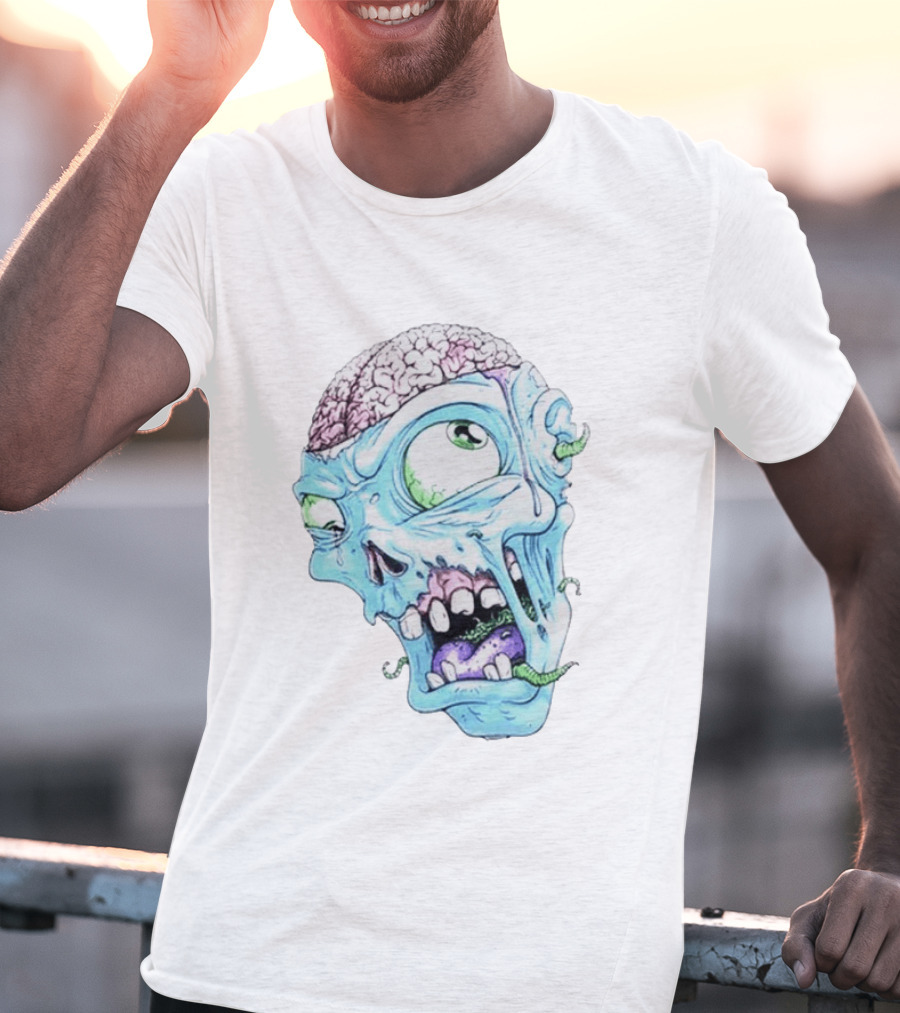 Annoyed Monster Head Zombie Skull Illustration With Exposed Brain And Worms T-Shirt