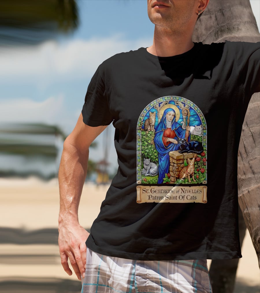 St. Gertrude Of Nivelles Patron Saint Of Cats Iconic Stained Glass Cat T-Shirt