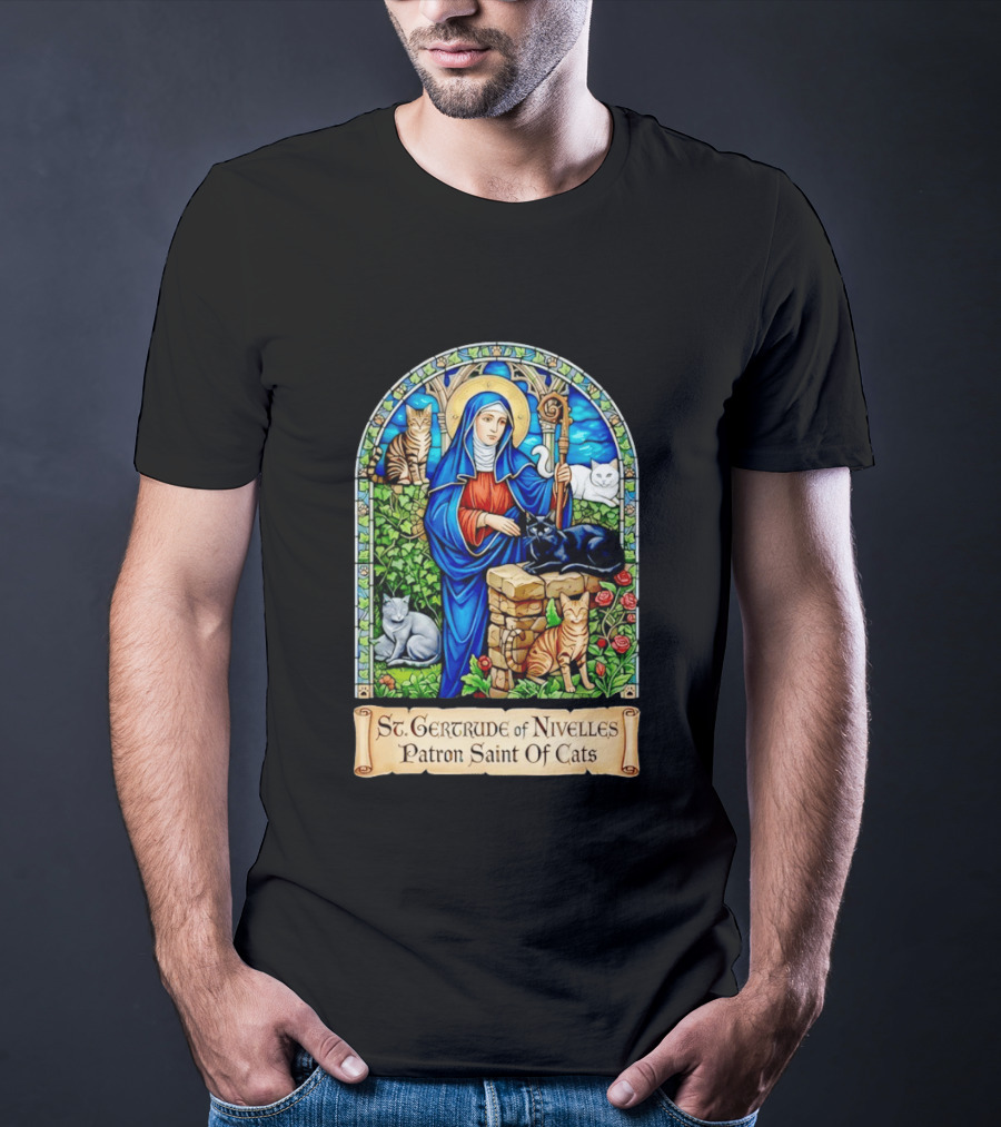 St. Gertrude Of Nivelles Patron Saint Of Cats Iconic Stained Glass Cat T-Shirt