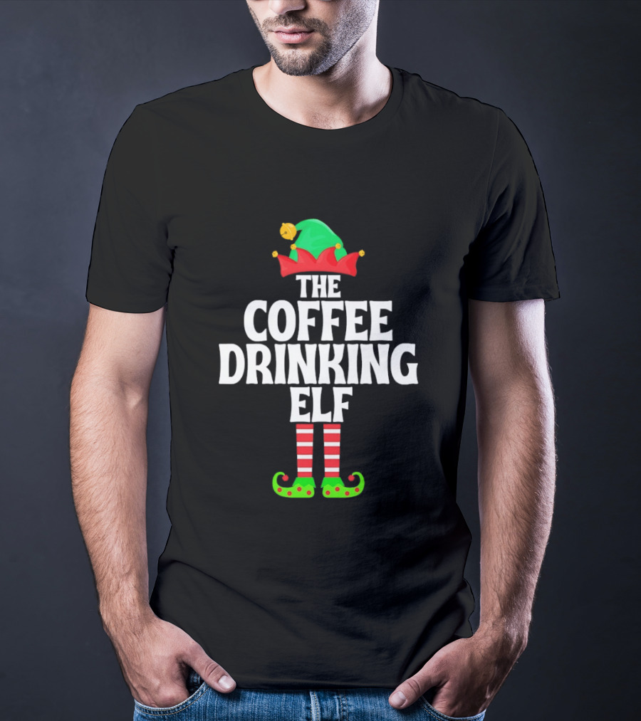 The Coffee Drinking Elf Red Green Jester Hat Striped Socks T-Shirt