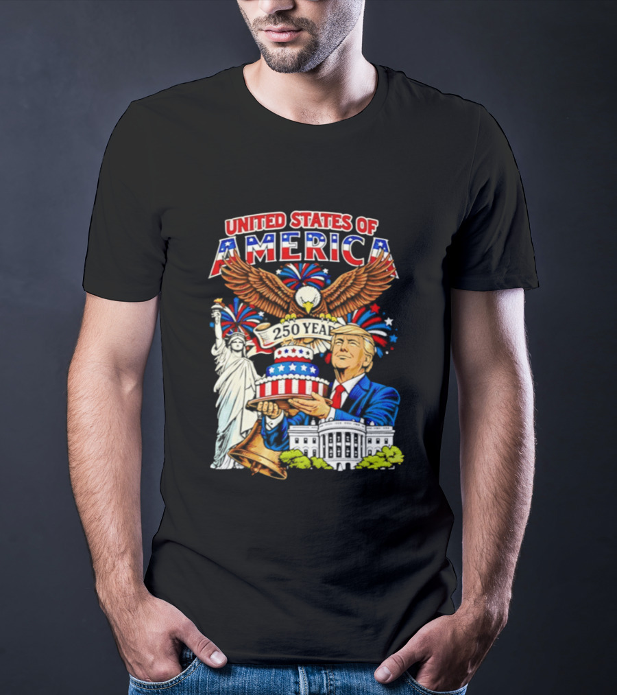 United States Of America 250 Years Celebration 4th Of July Trump With Birthday Cake And Eagle T-Shirt