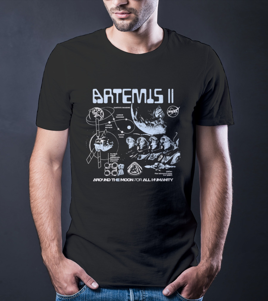 Artemis II Lunar Mission Trajectory And Astronaut Crew Exploration Around The Moon For All Humanity T-Shirt