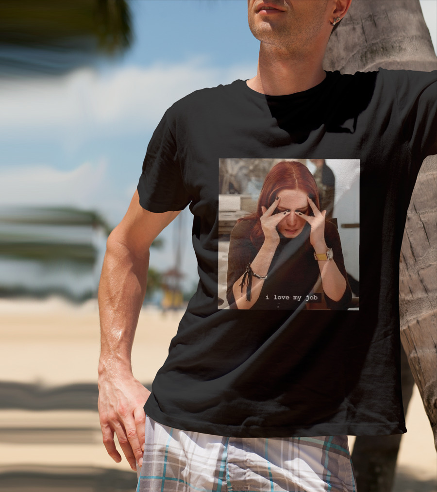 I Love My Job Stressed Woman With Red Hair Black Nails Yellow T-Shirt