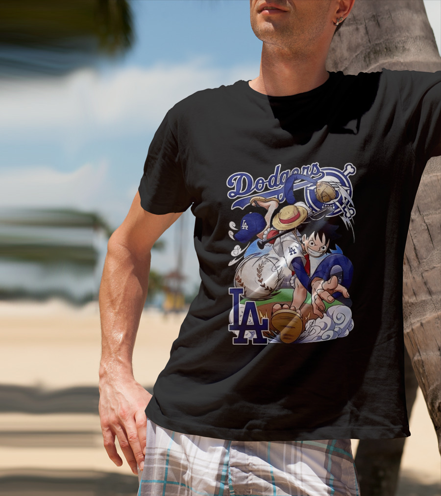 Luffy Los Angeles Dodgers One Piece Anime Crossover MLB Collaboration T-Shirt