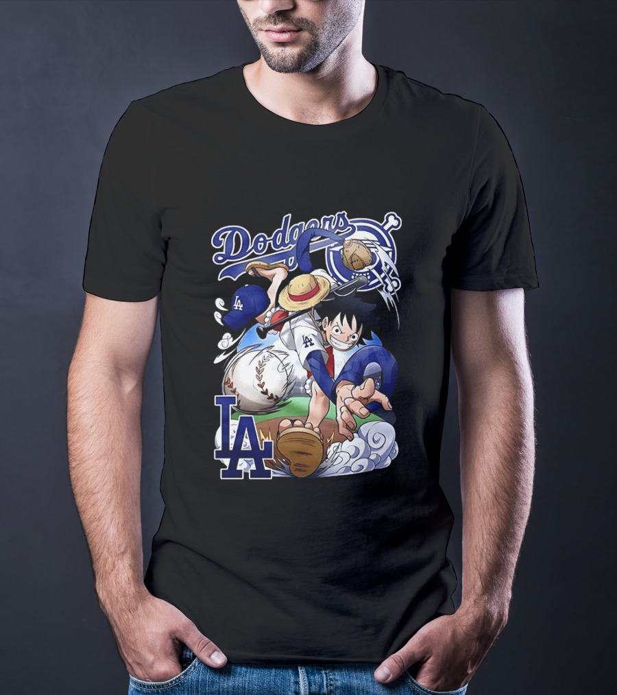 Luffy Los Angeles Dodgers One Piece Anime Crossover MLB Collaboration T-Shirt