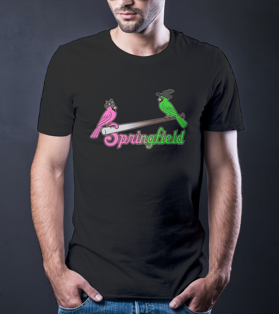 Springfield Cardinals Pink And Green Birds With Crown And Witch Hat Baseball Bat T-Shirt