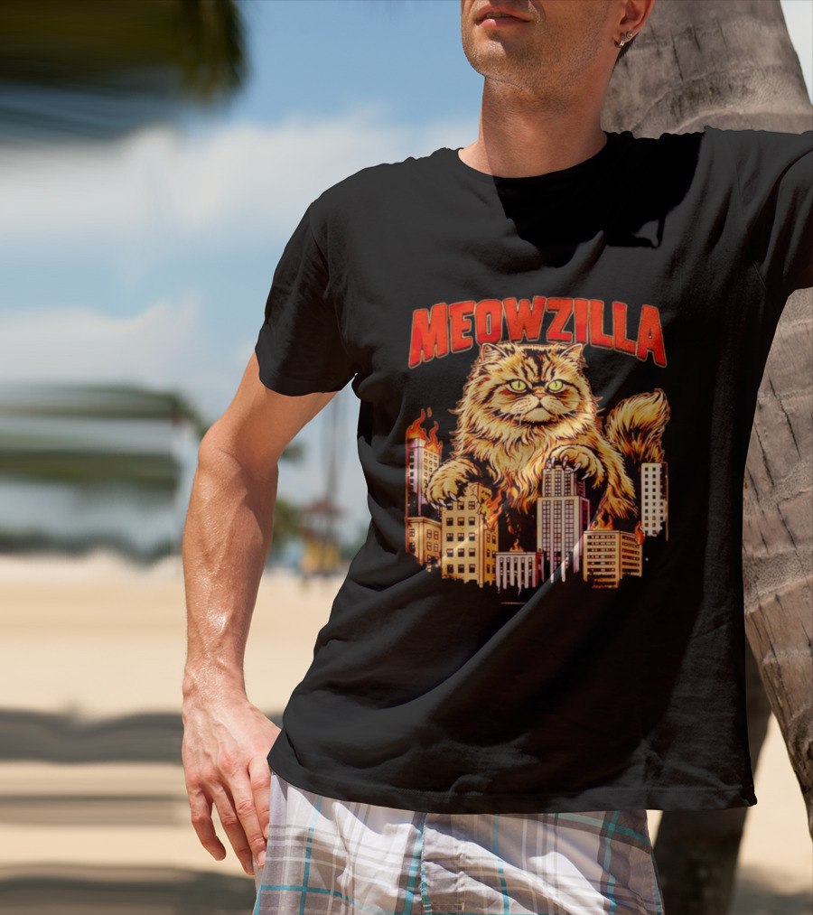 Meowzilla Giant Cat Rampage Over Burning City Skyline T-Shirt