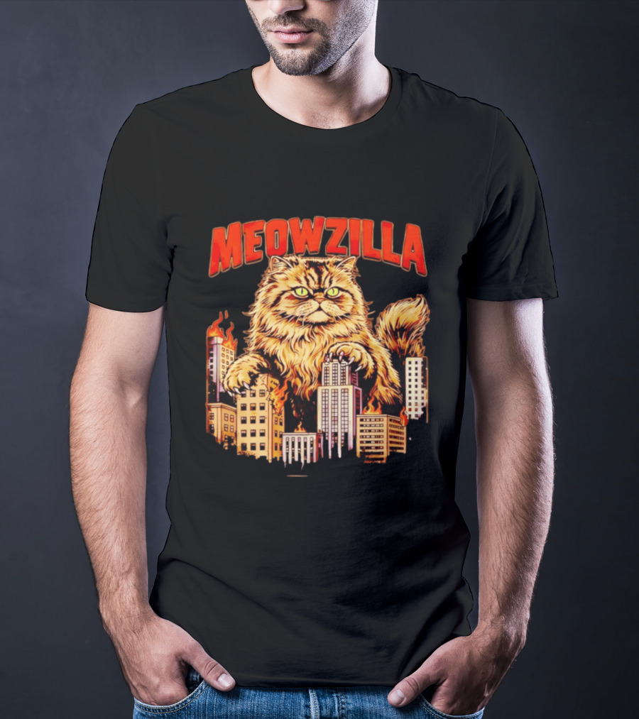Meowzilla Giant Cat Rampage Over Burning City Skyline T-Shirt