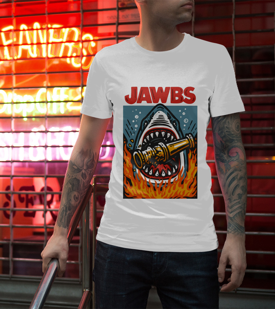 JAWS Jawbs Shark Biting Fire Hose Surrounded By Flames T-Shirt
