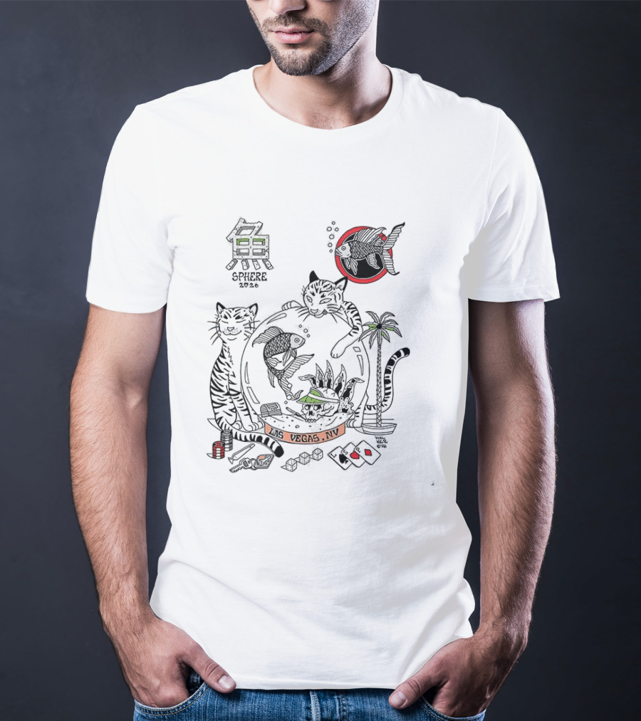 Sphere 2026 Vegas Cats And Aquatic Scene With Fish, Palm Trees, And Dice T-Shirt