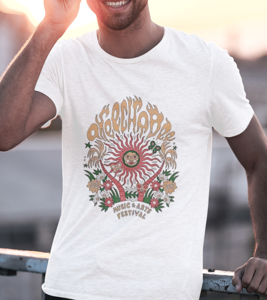 Okeechobee Music And Arts Festival 2026 Sun Illustration With Palm Trees And Floral Accents T-Shirt