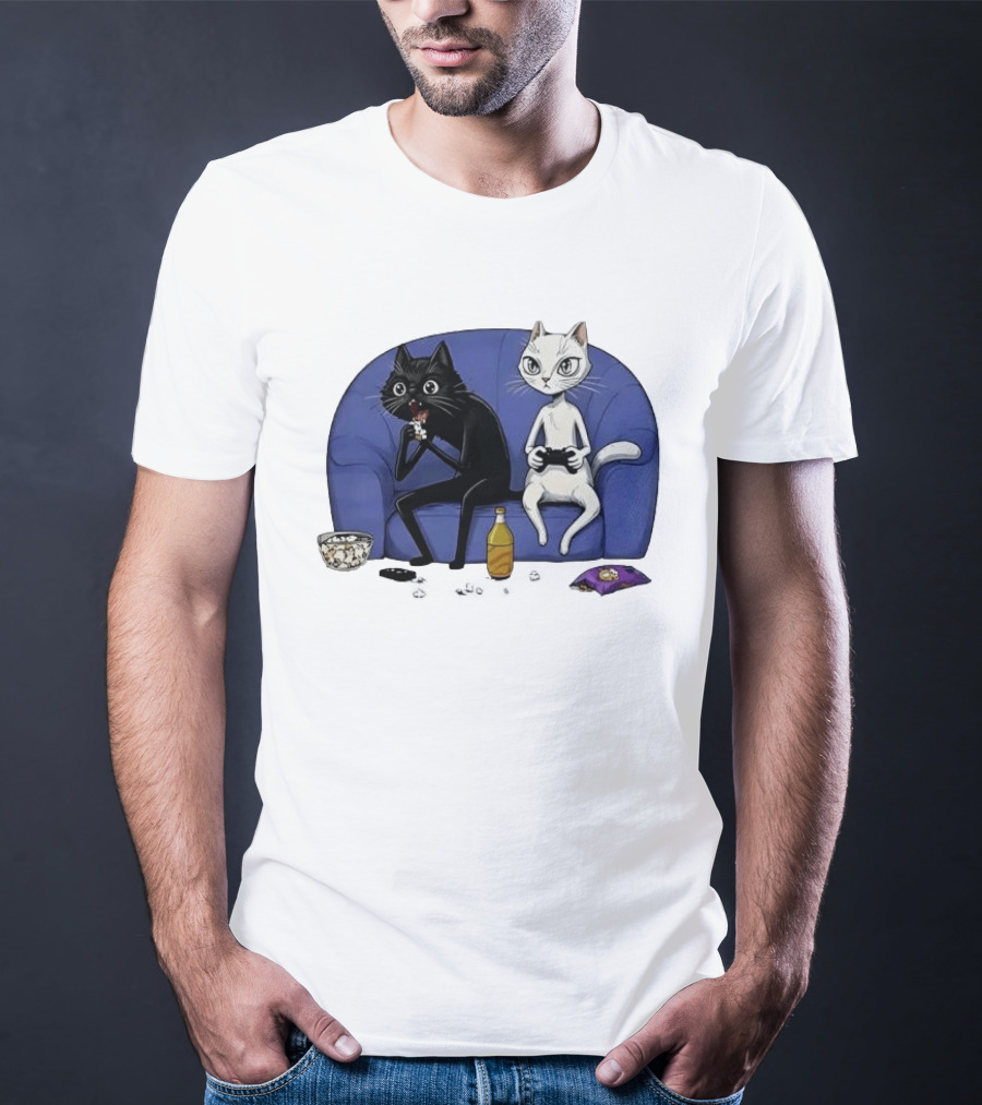 Two Cats One Couch Endless Fun Playing Games With Snacks And Popcorn T-Shirt