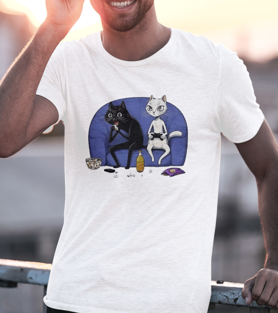 Two Cats One Couch Endless Fun Playing Games With Snacks And Popcorn T-Shirt