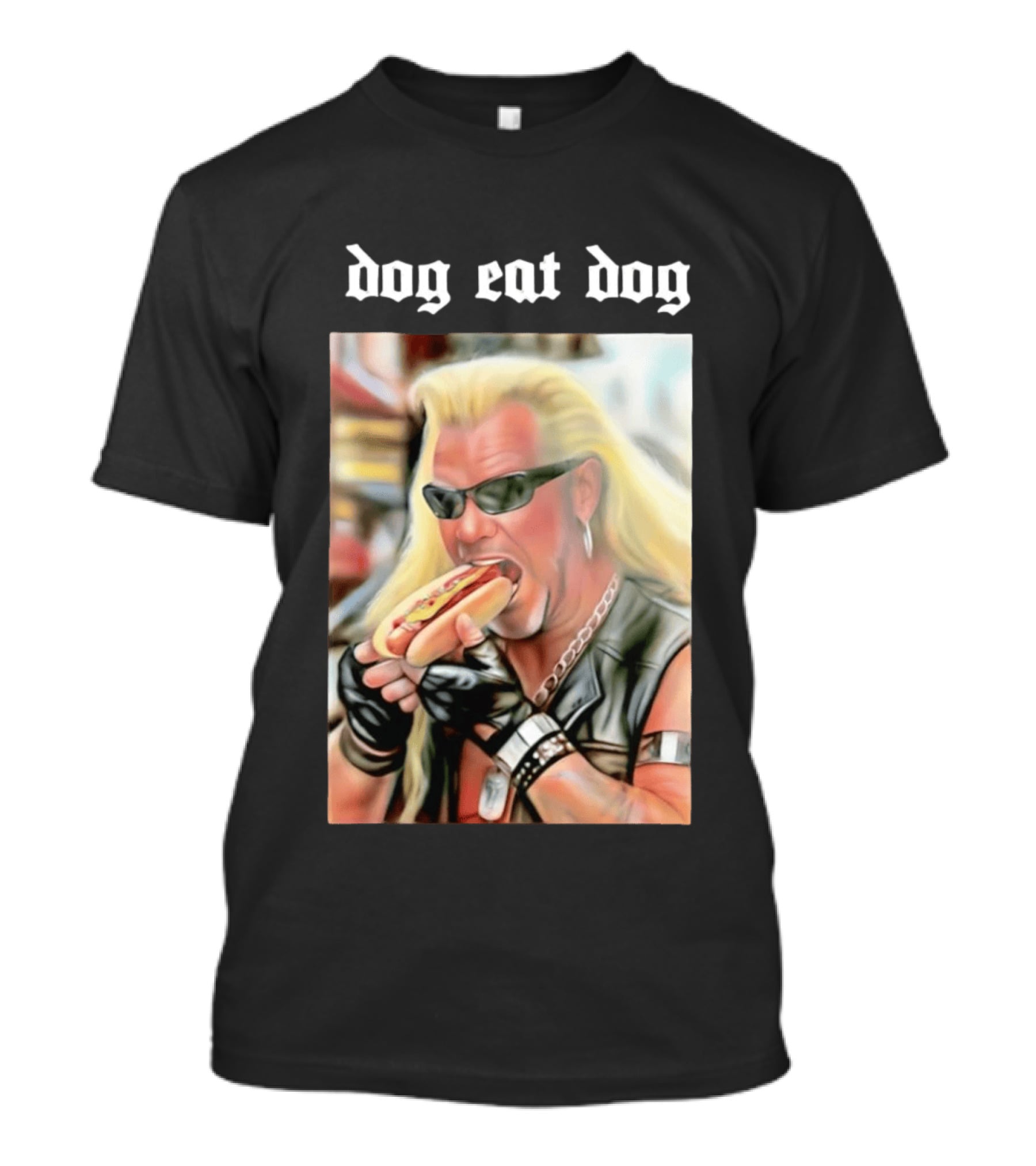 Dog Eat Dog Man Eating Hot Dog Sunglasses Blonde Long Hair T-Shirt