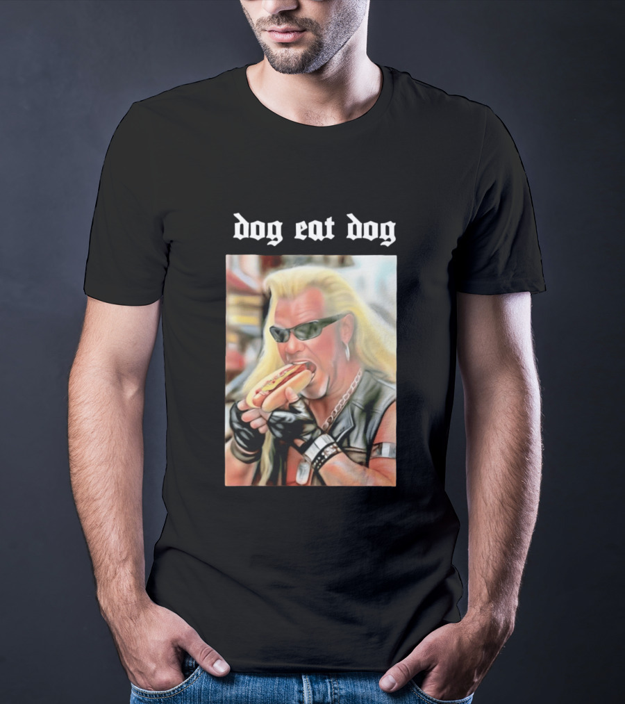 Dog Eat Dog Man Eating Hot Dog Sunglasses Blonde Long Hair T-Shirt