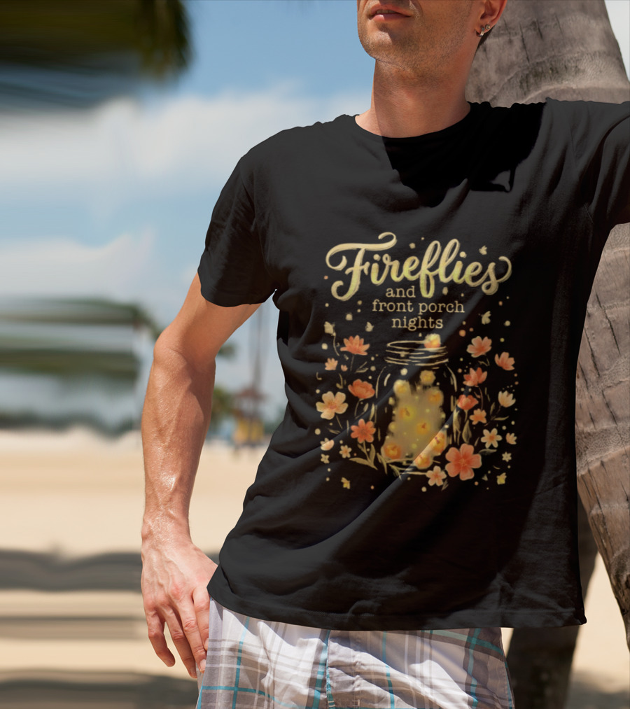 Fireflies And Front Porch Nights Rustic Mason Jar Fireflies Floral T-Shirt