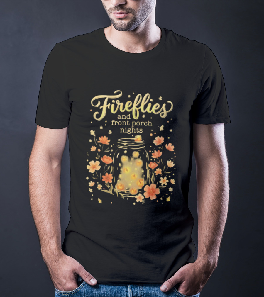 Fireflies And Front Porch Nights Rustic Mason Jar Fireflies Floral T-Shirt